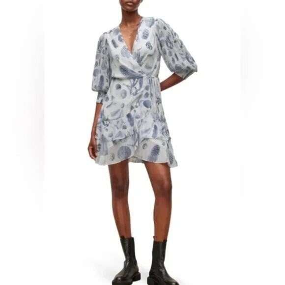 EUC AllSaints Ari Oceano Seashell Print Chiffon Wrap Dress Size 6 Blue & White - Picture 3 of 8